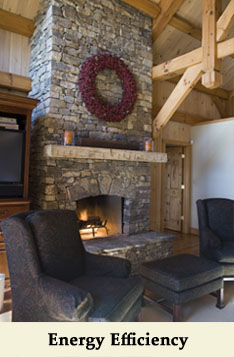 Timber Framed Great Room with Stacked Stone Fireplace